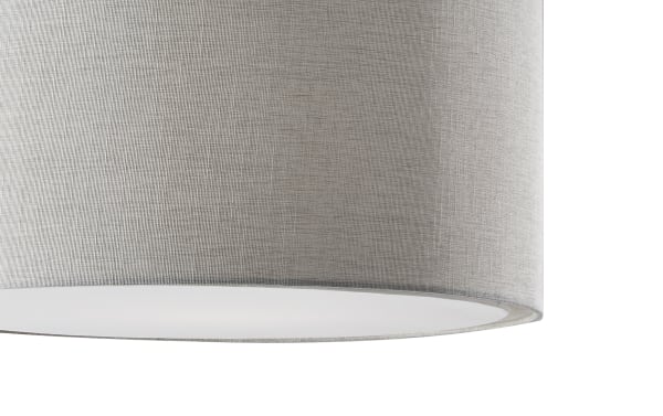 Stracelen Gray Large Drum Pendant with silver cotton fabric shade, steel frame, and white fabric diffuser for even ambient lighting.