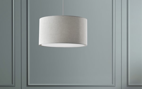 Stracelen Gray Pendant light with large silver cotton drum shade, steel frame, and white fabric diffuser, mid-century modern style.