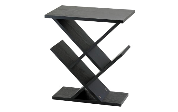 Calverson 19'' black accent table in contemporary style with black wood grain MDF veneer, featuring angled open shelves for storage of media and devices.