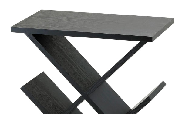 Calverson 19'' black accent table in contemporary style, featuring MDF wood with black wood grain veneer and angled open shelves for storage.