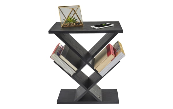 Calverson 19'' black accent table in contemporary style with MDF wood, black wood grain veneer, and 8" deep angled storage shelves for books or media.