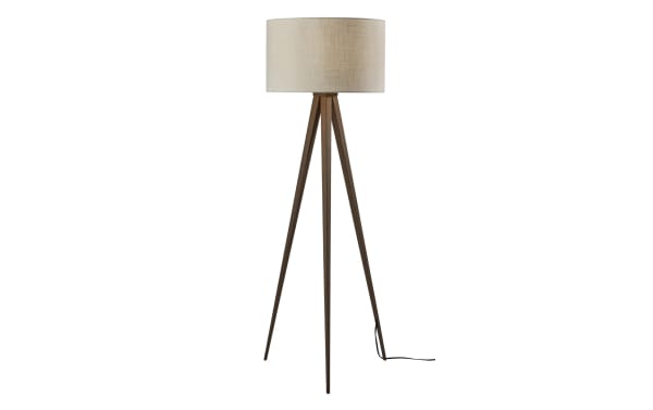 Milana 60.3" walnut floor lamp with black steel tripod legs, off-white fabric drum shade, cottage style, and hidden black cord.