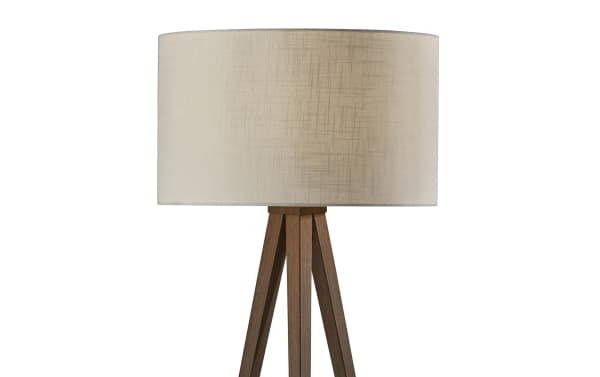 Milana 60.3'' Walnut Floor Lamp with black steel tripod legs, off-white textured fabric drum shade, cottage style, 3-way rotary socket switch, black cord.