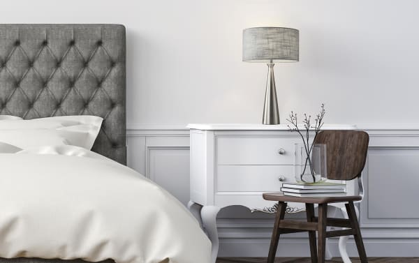 Mid-century modern Lisette Brushed Steel Table Lamp with gray fabric shade, steel base, 3-way rotary switch, clear cord, ideal for desks or side tables.
