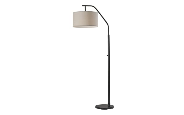 Regina 66'' black steel floor lamp with arching pole and 16" round beige fabric linen shade, transitional style with metal rotary switch.