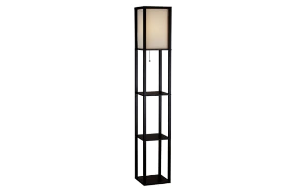 Antonlini 63'' black floor lamp with cream fabric shade, black walnut rubberwood frame, two display shelves, pull chain switch, and clear cord.