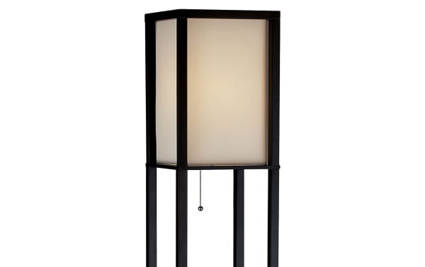 Antonlini 63'' black floor lamp with cream fabric poly/cotton shade, black walnut rubberwood frame, pull chain switch, and clear cord.