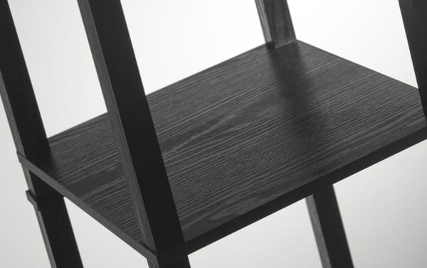 Black walnut wood shelf of Antonlini 63'' Black Floor Lamp with contemporary open box frame design and two display/storage shelves.