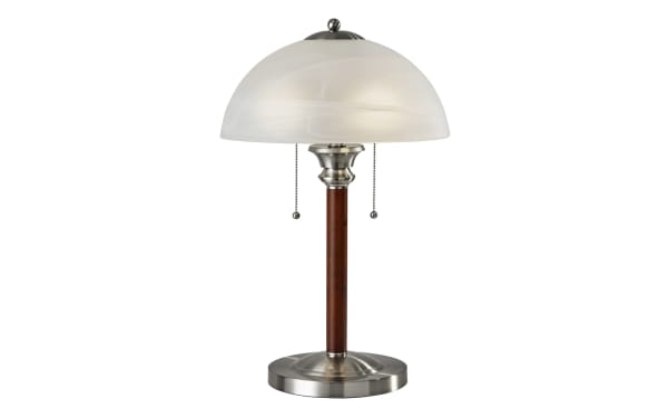 Alryra Walnut & Satin Steel Table Lamp with dark walnut wood body, alabaster frosted glass dome shade, satin steel base, and dual pull chains.