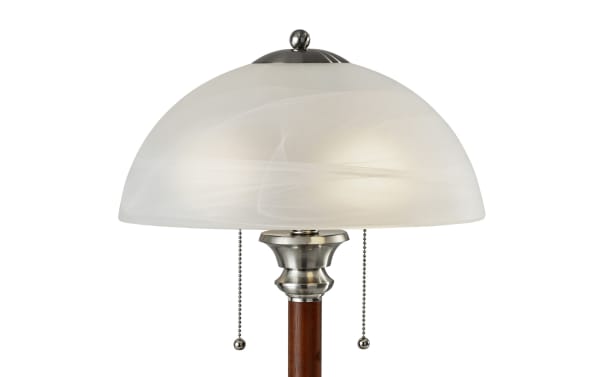 Alryra Walnut & Satin Steel Table Lamp with dark walnut wood body, satin steel base, alabaster frosted glass dome shade, and dual pull chains.