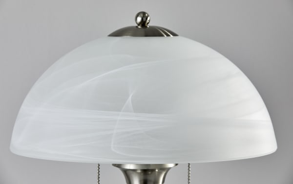 Alryra Walnut & Satin Steel Table Lamp with alabaster frosted glass dome shade, satin steel accents, and dual pull chain switches.
