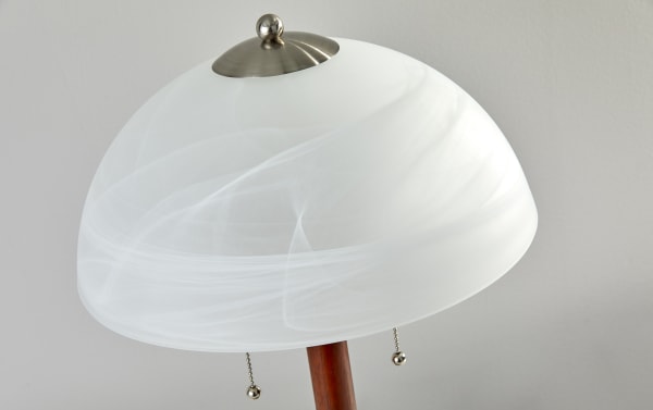 Alryra Walnut & Satin Steel Table Lamp with dark walnut wood body, alabaster frosted glass dome shade, satin steel accents, and dual pull chains.