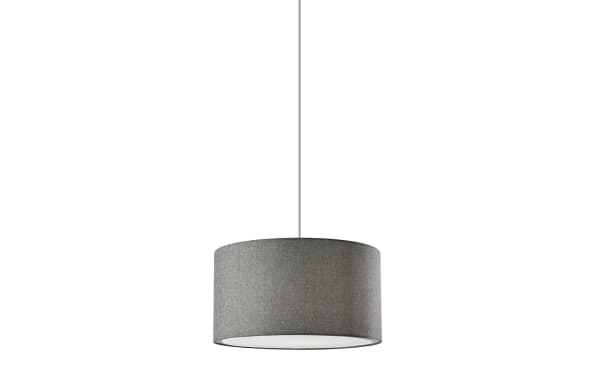 Stracelen Charcoal Pendant light with mid-century modern gray cotton fabric drum shade, steel frame, and white fabric diffuser for ambient lighting.