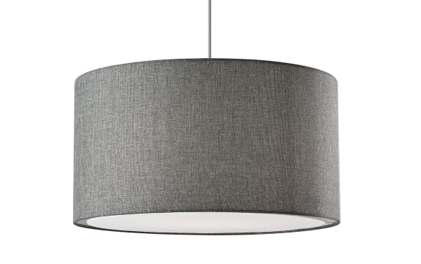 Stracelen Charcoal Pendant light with large gray textured cotton drum shade, mid-century modern style, steel frame, and white fabric diffuser for ambient lighting.