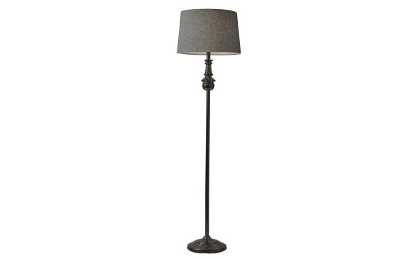Alesandra 60'' black floor lamp with a charcoal gray herringbone fabric drum shade, mid-century modern steel base and turned metal pole.