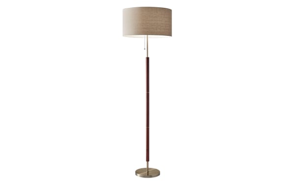 Alliston 65.5'' mid-century modern floor lamp with taupe linen fabric shade, antique brass base, walnut wood accents, and pull chain switch.