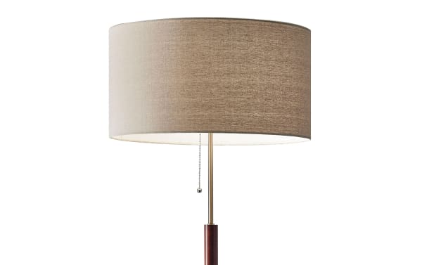 Alliston 65.5'' mid-century modern floor lamp with taupe linen fabric shade, antique brass stem, and walnut eucalyptus wood base.