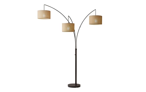 Caronia 84'' Antique Bronze Arc Floor Lamp with three taupe fabric burlap shades, steel frame, cottage style, and four-way rotary switch.