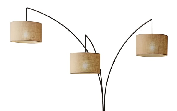 Caronia 84'' Antique Bronze Arc Floor Lamp with three taupe burlap fabric shades, steel frame, cottage style, and four-way rotary switch.