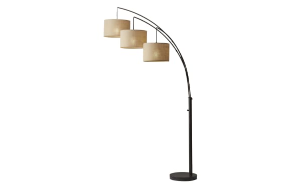 Caronia 84'' Antique Bronze Arc Floor Lamp with three taupe burlap fabric shades, steel frame, cottage style, and four-way rotary switch.