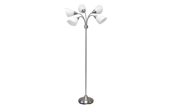 Bianca 67'' Mid-Century Modern brushed steel floor lamp with five white plastic shades on adjustable gooseneck arms for customizable lighting.