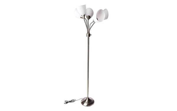 Bianca 67'' mid-century modern floor lamp with five white plastic shades on adjustable brushed steel gooseneck arms for customizable lighting.