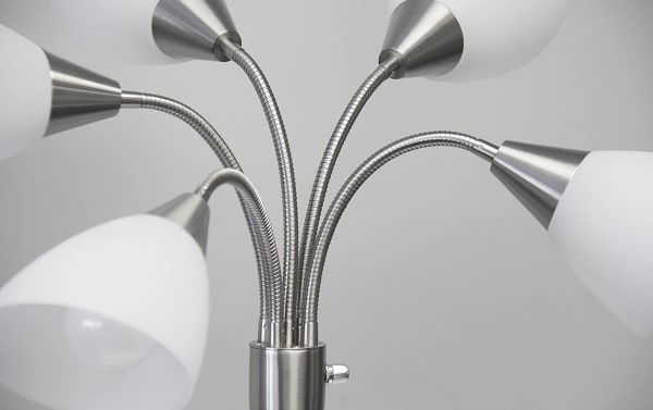Bianca 67'' Brushed Steel Adjustable Floor Lamp with five white plastic shades on flexible steel gooseneck arms, mid-century modern style.