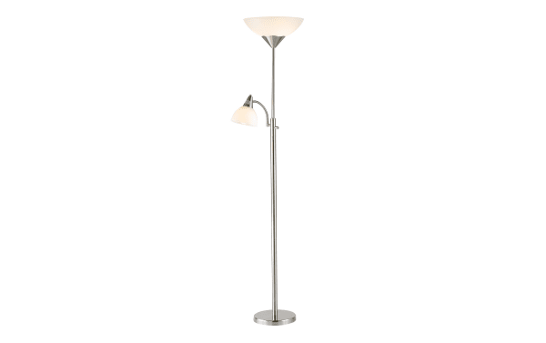 Natalia 71'' Mid-Century Modern brushed steel floor lamp with dual white glass shades, adjustable gooseneck reading light, and 4-way rotary switch for ambient and task lighting.