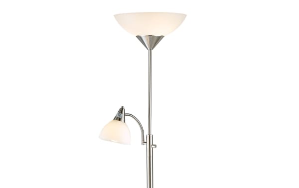 Natalia 71'' Mid-Century Modern floor lamp in brushed steel with white glass shades, dual 150W sockets, and adjustable gooseneck reading light.