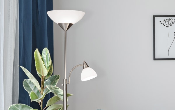 Mid-Century Modern Natalia 71'' Brushed Steel Floor Lamp with black steel pole, white acrylic uplight and adjustable gooseneck reading light.