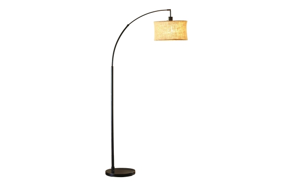 Romy 68'' Antique Bronze Arc Floor Lamp with brown fabric shade and steel frame, mid-century modern style, rotary switch, UL listed, uses one 150W bulb.