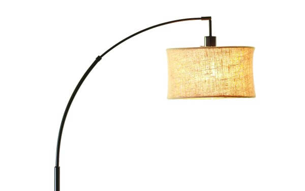 Romy 68'' Antique Bronze Arc Floor Lamp with brown fabric drum shade, steel arc arm, mid-century modern style, rotary switch, and 150W bulb capacity.