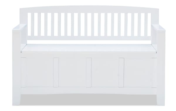 Sentney White Storage Bench in transitional style, made of rubberwood solids and MDF, features a slat-back, armrests, and flip-top lid for storage.
