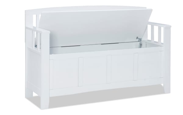Sentney White Storage Bench in transitional style with rubberwood solids and MDF, featuring a flip-top lid for hidden storage and slat-back armrests.