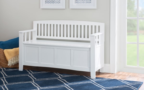 Sentney White Storage Bench in transitional style with rubberwood solids and MDF, featuring a slat-back, armrests, and flip-top storage lid.