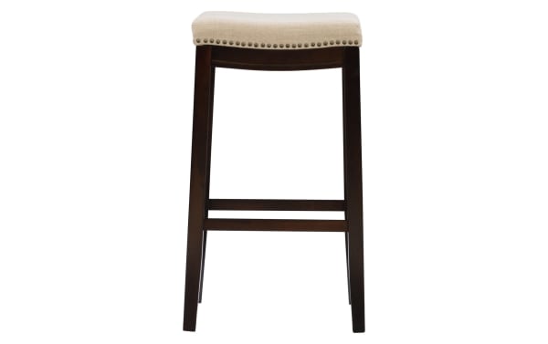 Ryann Linen Backless Upholstered Bar Height Stool with beige linen fabric seat, dark walnut rubberwood frame, bronze nailhead trim, traditional style.
