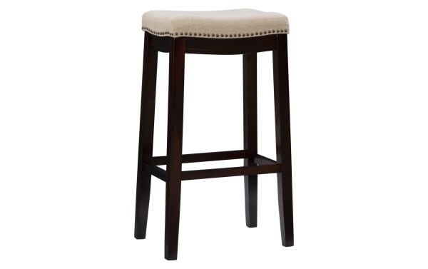 Ryann Linen Backless Upholstered Bar Height Stool with beige linen fabric seat, dark walnut rubberwood frame, bronze nailhead trim, traditional style.