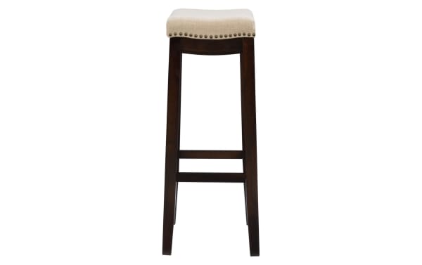 Ryann Linen Backless Upholstered Bar Height Stool with beige linen fabric seat, dark walnut rubberwood frame, and bronze nailhead trim, traditional style.