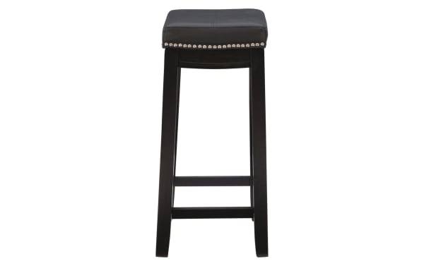Ryann Black Faux Leather Backless Upholstered Counter Height Stool with nailhead trim, rubberwood frame, and durable black polyurethane seat.