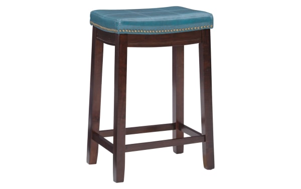 Ryann Blue Faux Leather Backless Upholstered Counter Height Stool with blue polyurethane seat, antique brass nailhead trim, and dark rubberwood frame in traditional style.