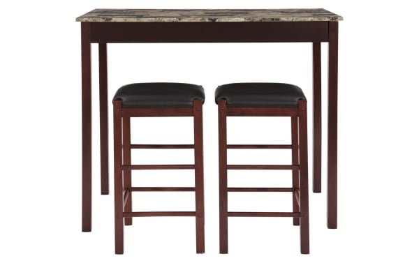 Linsky 3 Piece Espresso Tavern Set with brown rubberwood frame, faux-stone MDF tabletop, and two polyurethane upholstered counter-height stools in transitional style.