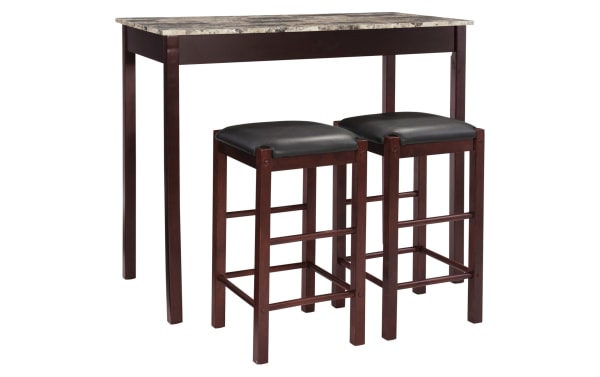 Linsky 3 Piece Espresso Tavern Set with transitional brown rubberwood solids table and two polyurethane upholstered counter-height stools.