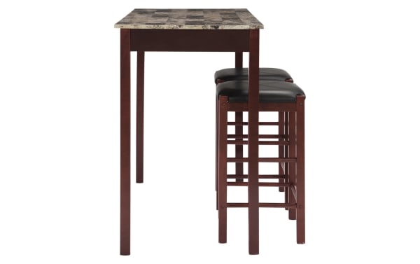 Linsky 3 Piece Espresso Tavern Set with brown rubberwood frame, faux-stone MDF tabletop, and cushioned polyurethane stools in transitional style.