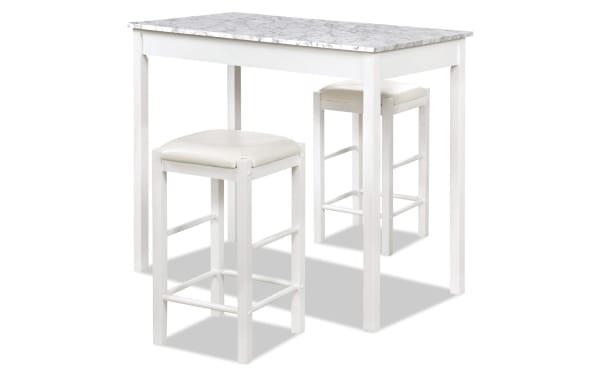 Linsky 3 Piece White Tavern Set with faux marble top table and two backless vinyl-upholstered stools, transitional style, rubberwood frame.