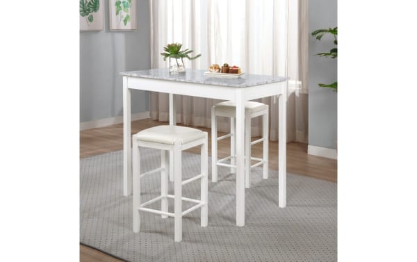 Linsky 3 Piece White Tavern Set with rectangular faux marble top table and two backless vinyl-upholstered stools, transitional style, rubberwood frame.