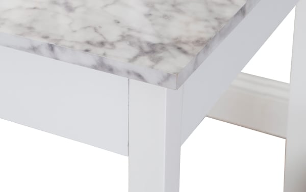 White Linsky 3 Piece Tavern Set corner showing faux marble vinyl tabletop and solid rubberwood leg in transitional style
