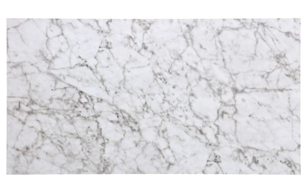 White faux marble tabletop with gray veining, part of the Linsky 3 Piece White Tavern Set featuring a sleek transitional style counter height table.