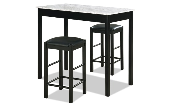 Linsky 3 Piece Black Tavern Set with faux marble top, rectangular counter-height table, and two backless stools with padded black polyurethane seats.