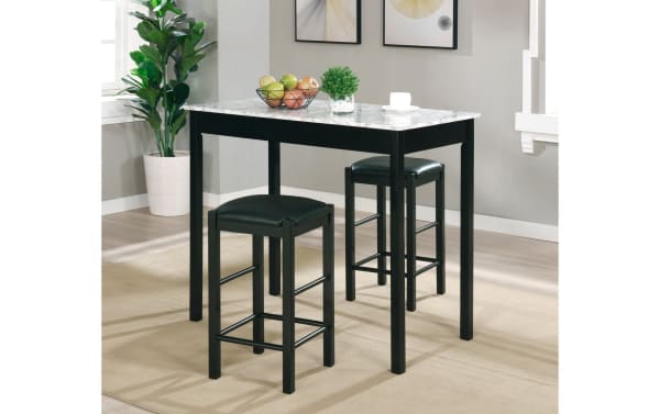 Linsky 3 Piece Black Tavern Set with faux marble top, black MDF and rubberwood frame, and two backless faux leather stools in transitional style.