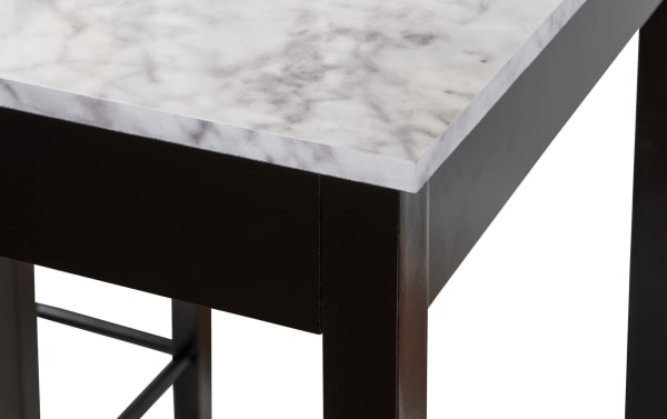 Black transitional Linsky 3 Piece Tavern Set with faux marble MDF tabletop, rubberwood legs, and padded polyurethane stools for small-space dining.